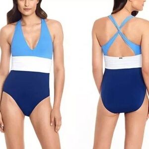 LAUREN Ralph Lauren Blue Color-Block Halter One-Piece Swimsuit